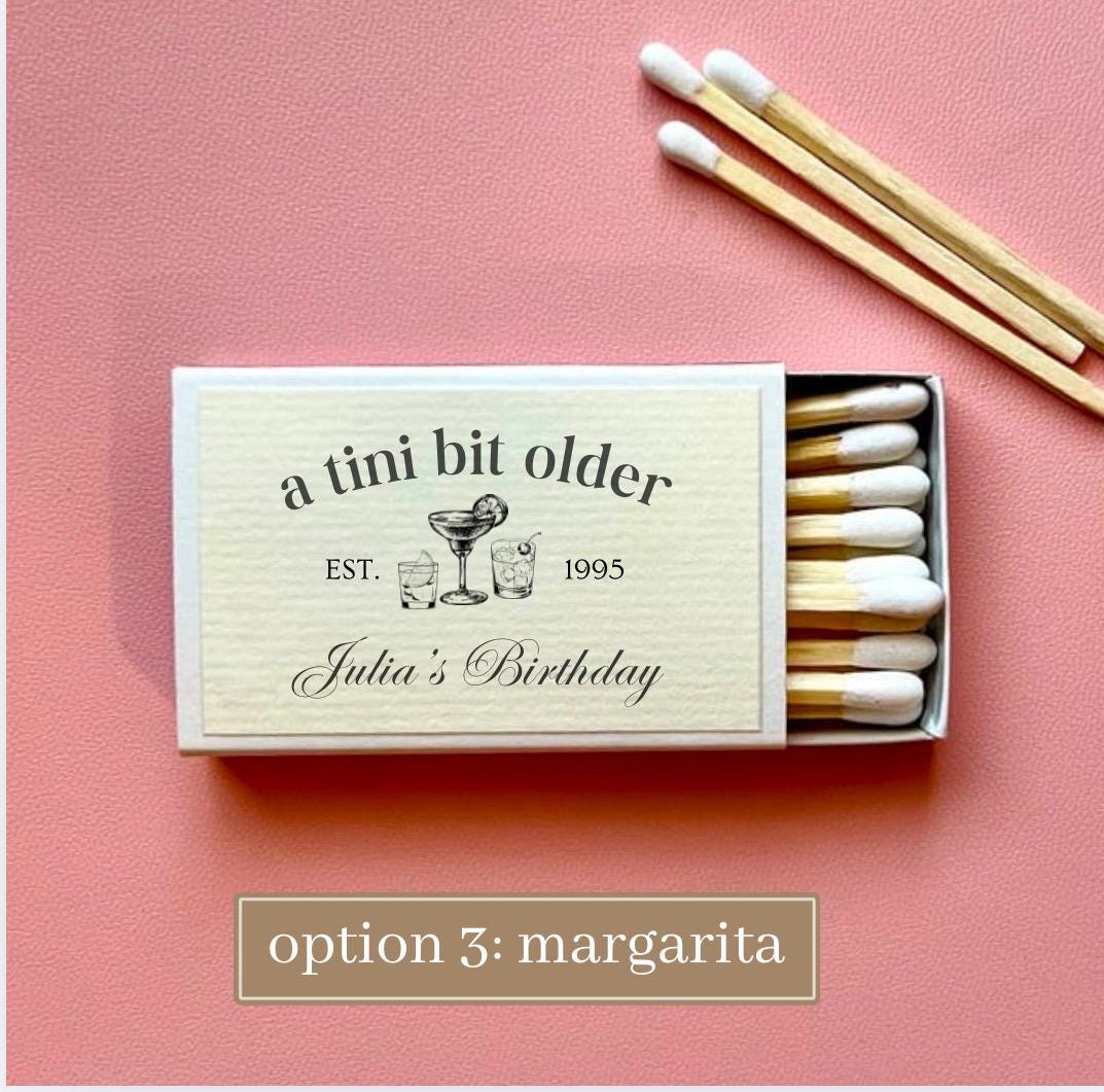 Personalized Matches for 30th Birthday Party Favor Ideas for Dirty Thirty Martini Theme A Tini Bit Older Hand Drawn Whimiscal Social Club