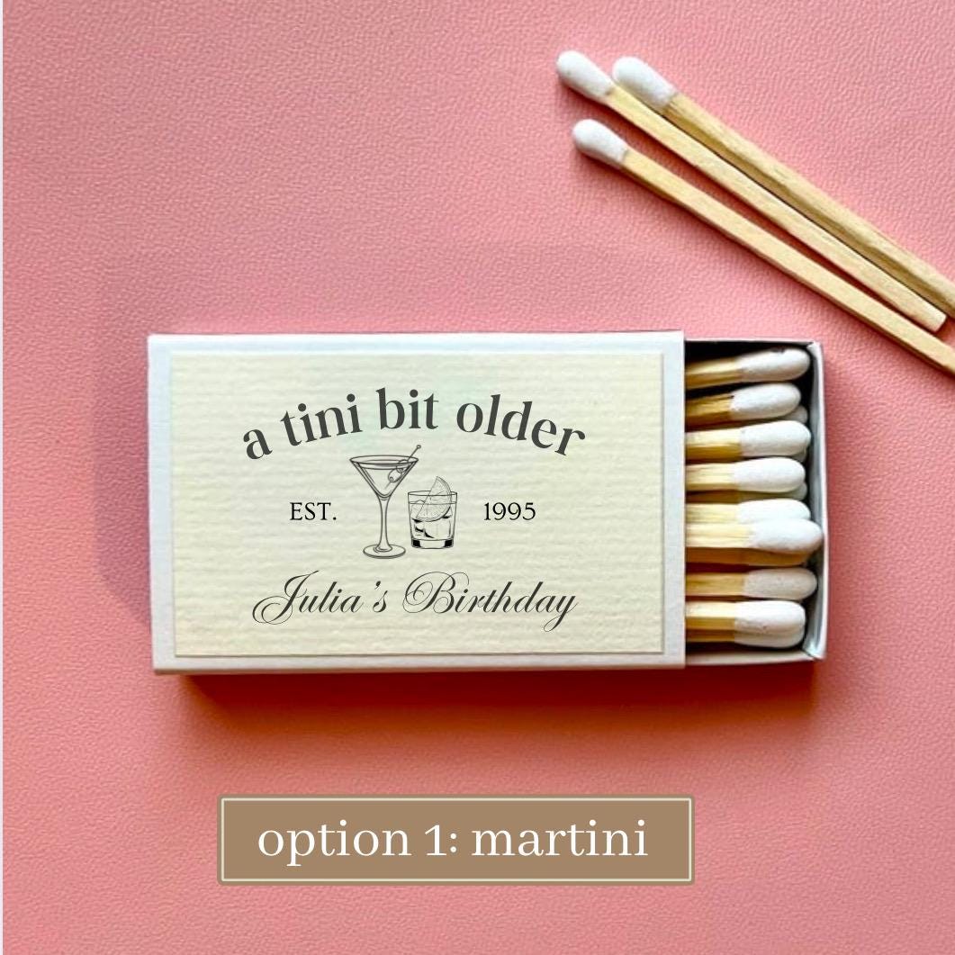 Personalized Matches for 30th Birthday Party Favor Ideas for Dirty Thirty Martini Theme A Tini Bit Older Hand Drawn Whimiscal Social Club