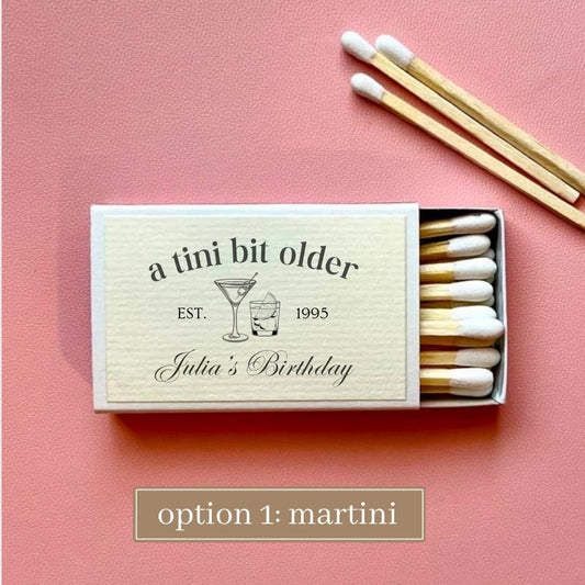 Personalized Matches for 30th Birthday Party Favor Ideas for Dirty Thirty Martini Theme A Tini Bit Older Hand Drawn Whimiscal Social Club