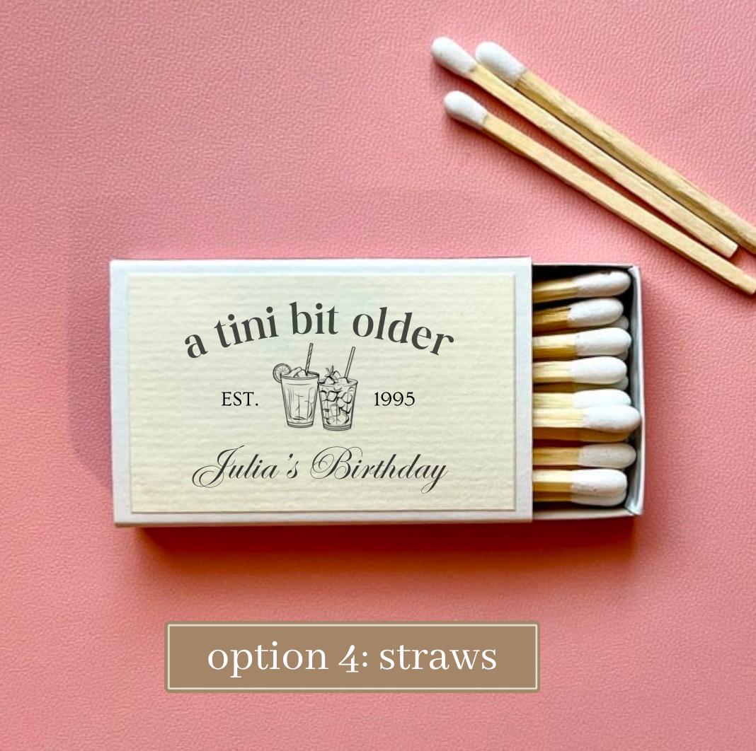 Personalized Matches for 30th Birthday Party Favor Ideas for Dirty Thirty Martini Theme A Tini Bit Older Hand Drawn Whimiscal Social Club