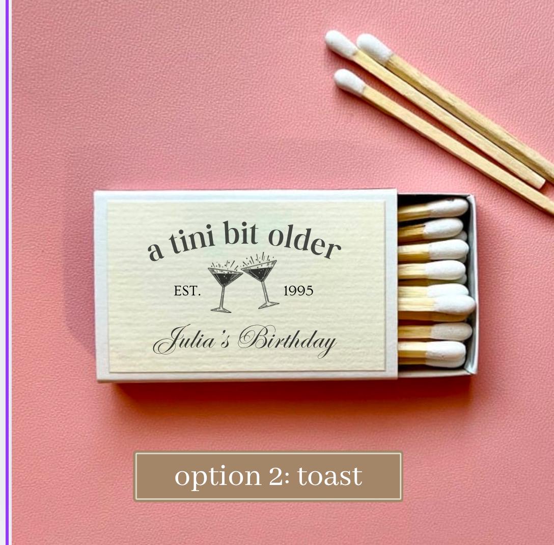 Personalized Matches for 30th Birthday Party Favor Ideas for Dirty Thirty Martini Theme A Tini Bit Older Hand Drawn Whimiscal Social Club