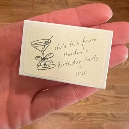 Personalized martini birthday matchbook with custom name and birthday party wording