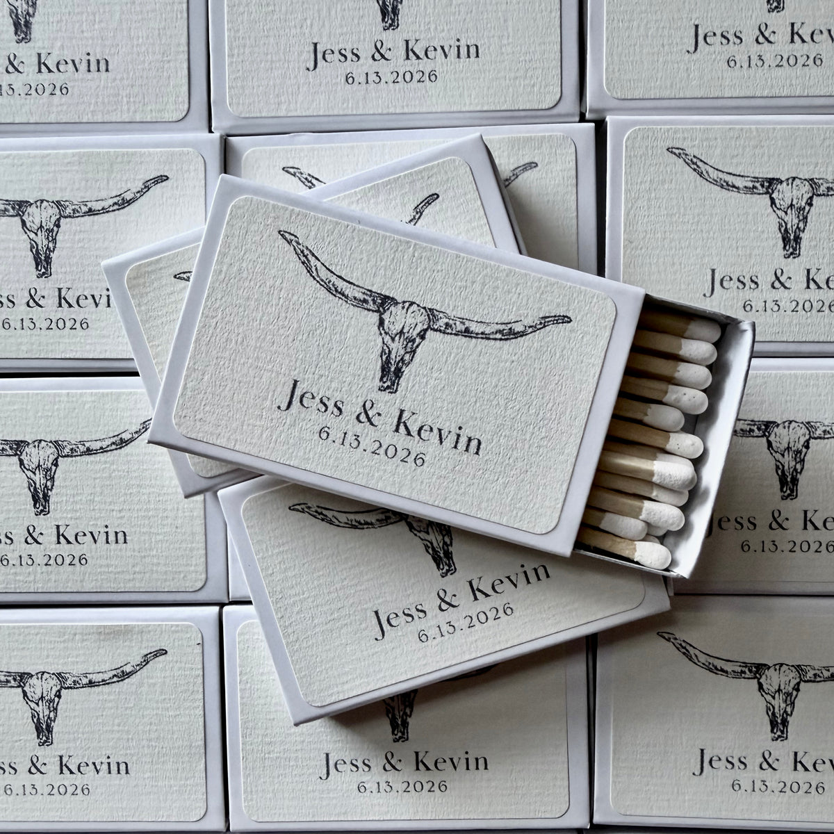 Personalized western wedding matchboxes styled lifestyle photo