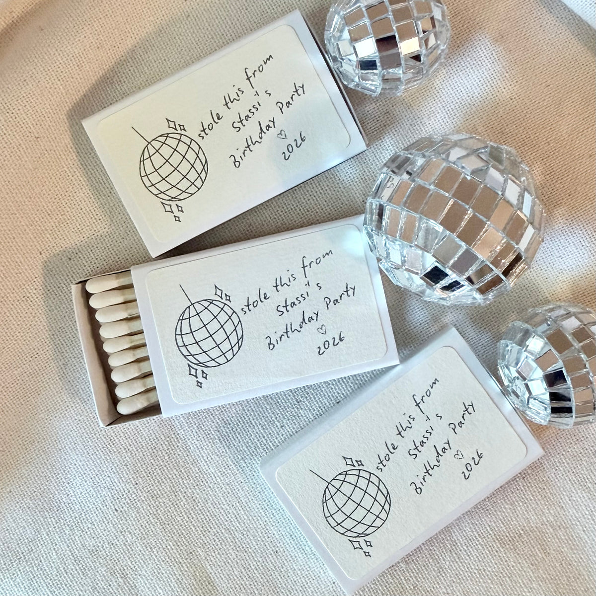 Personalized disco ball birthday matchboxes styled lifestyle photo