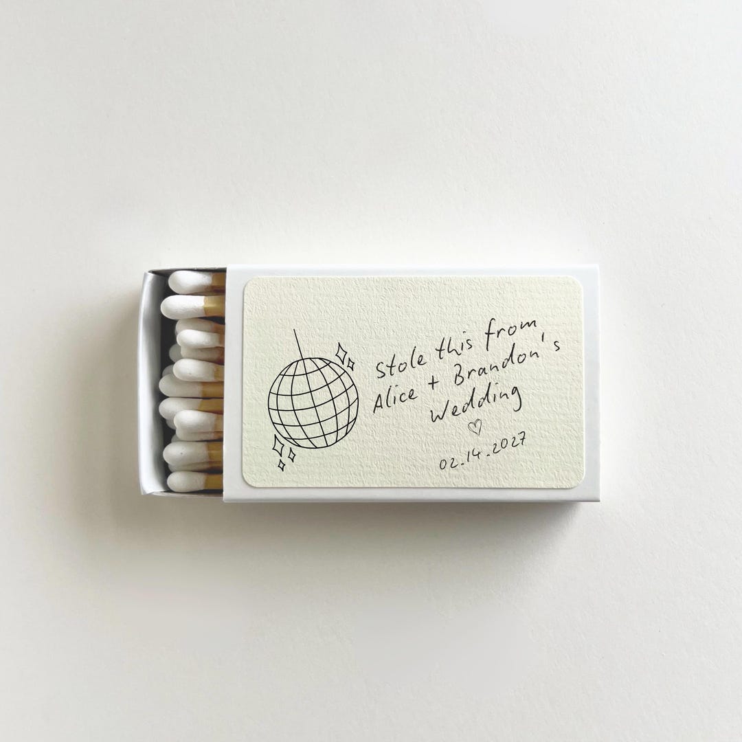 Personalized disco ball wedding matchbox favors printed with custom names and wedding date