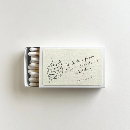 Personalized disco ball wedding matchbox favors printed with custom names and wedding date