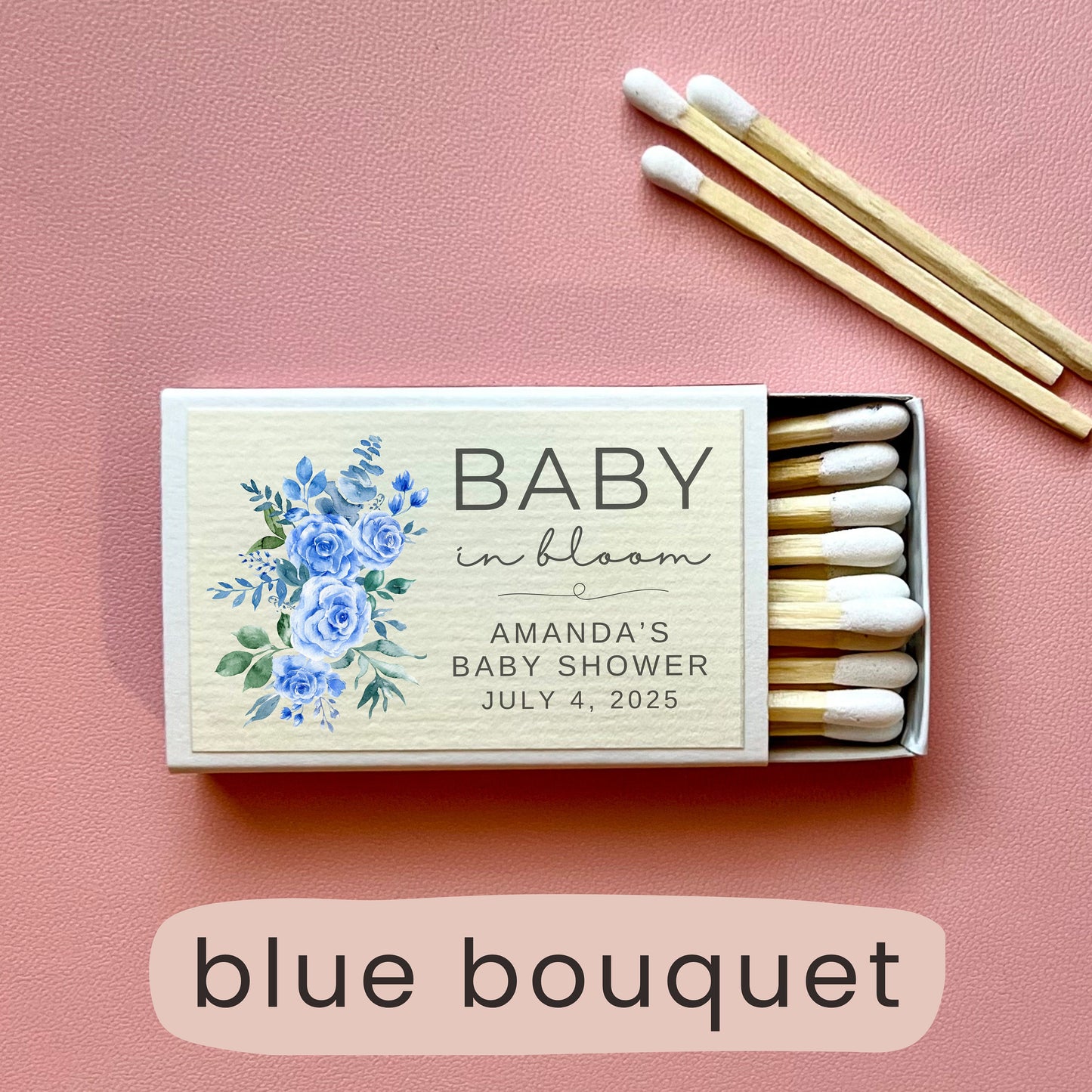 Personalized matches for baby shower favors for guests, pink butterfly shower decor, custom baby shower matches, baby in bloom baby shower