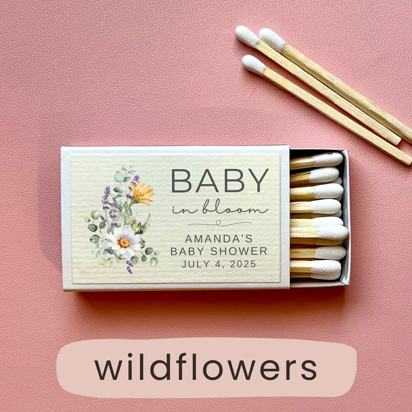 Personalized baby shower favors for guests in bulk, wildflower baby in bloom shower decor, custom baby shower matches, butterfly baby shower