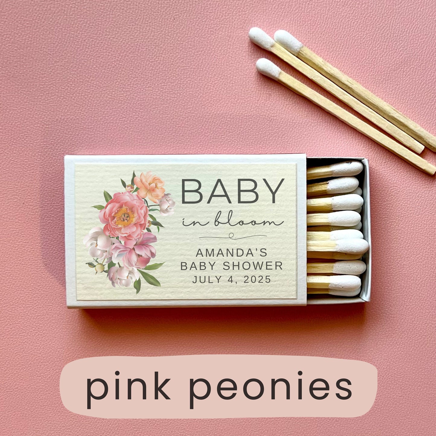 Personalized matches for baby shower favors for guests, pink butterfly shower decor, custom baby shower matches, baby in bloom baby shower