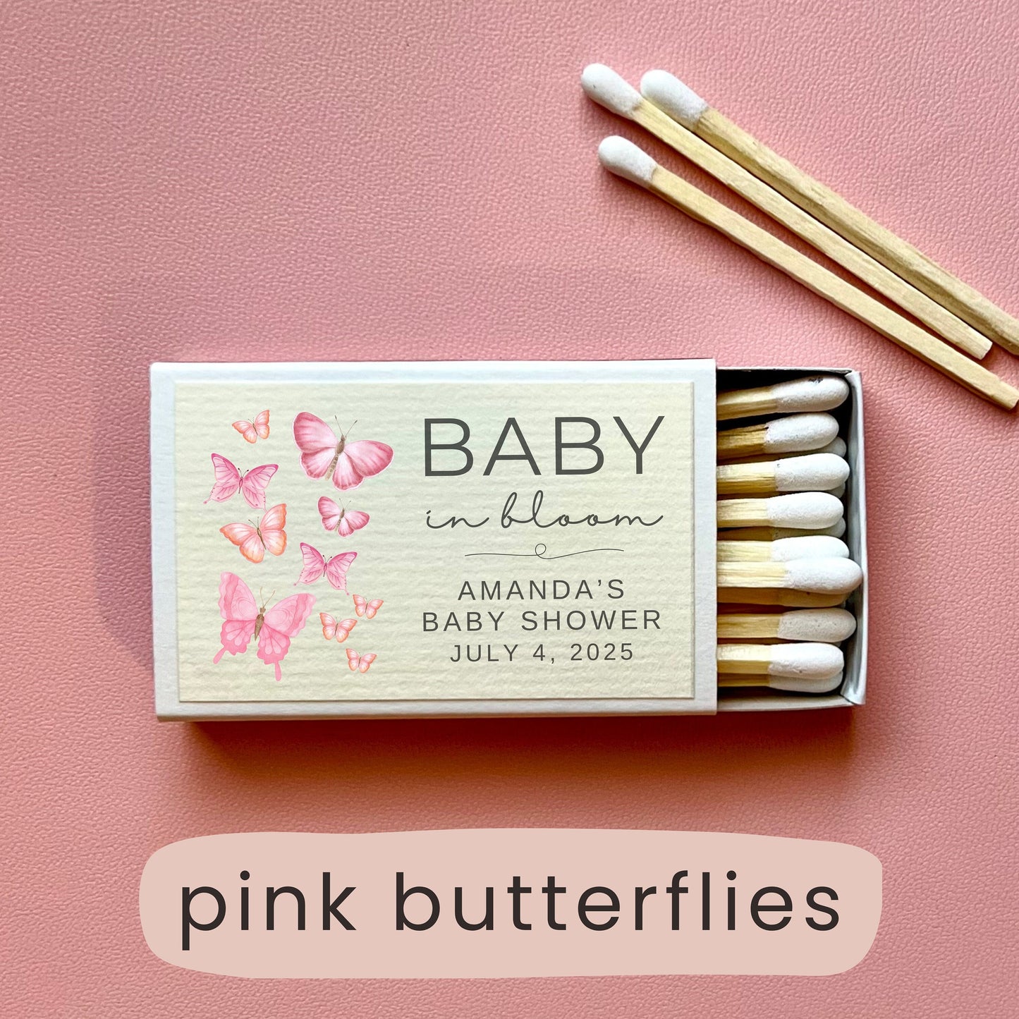 Personalized matches for baby shower favors for guests, pink butterfly shower decor, custom baby shower matches, baby in bloom baby shower