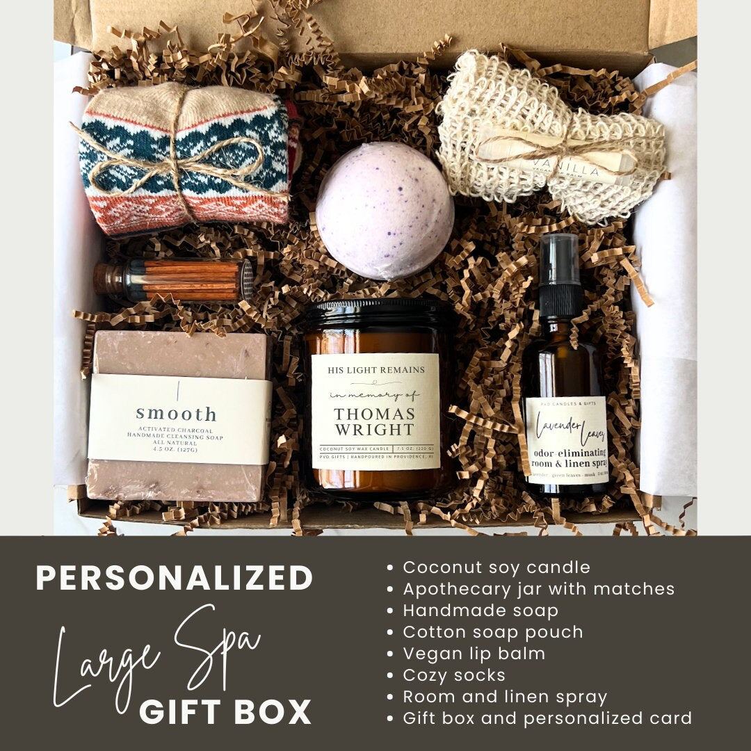 Personalized grief care package with memorial candle, gift for loss of father or loss of mother, care package for her or him