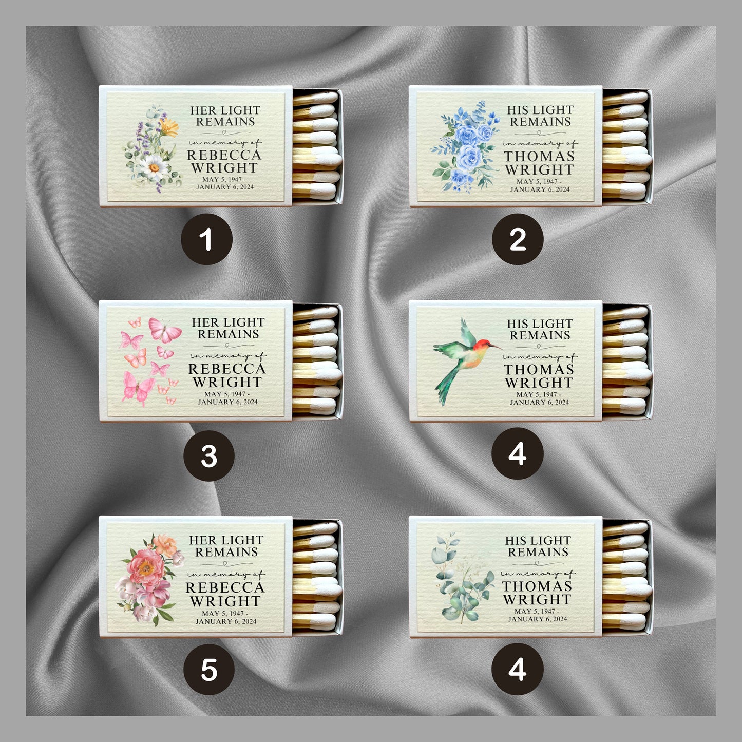 Custom matches funeral favors bulk, loss of father, loss of mother, custom matches hummingbird, in loving memory funeral program accessory