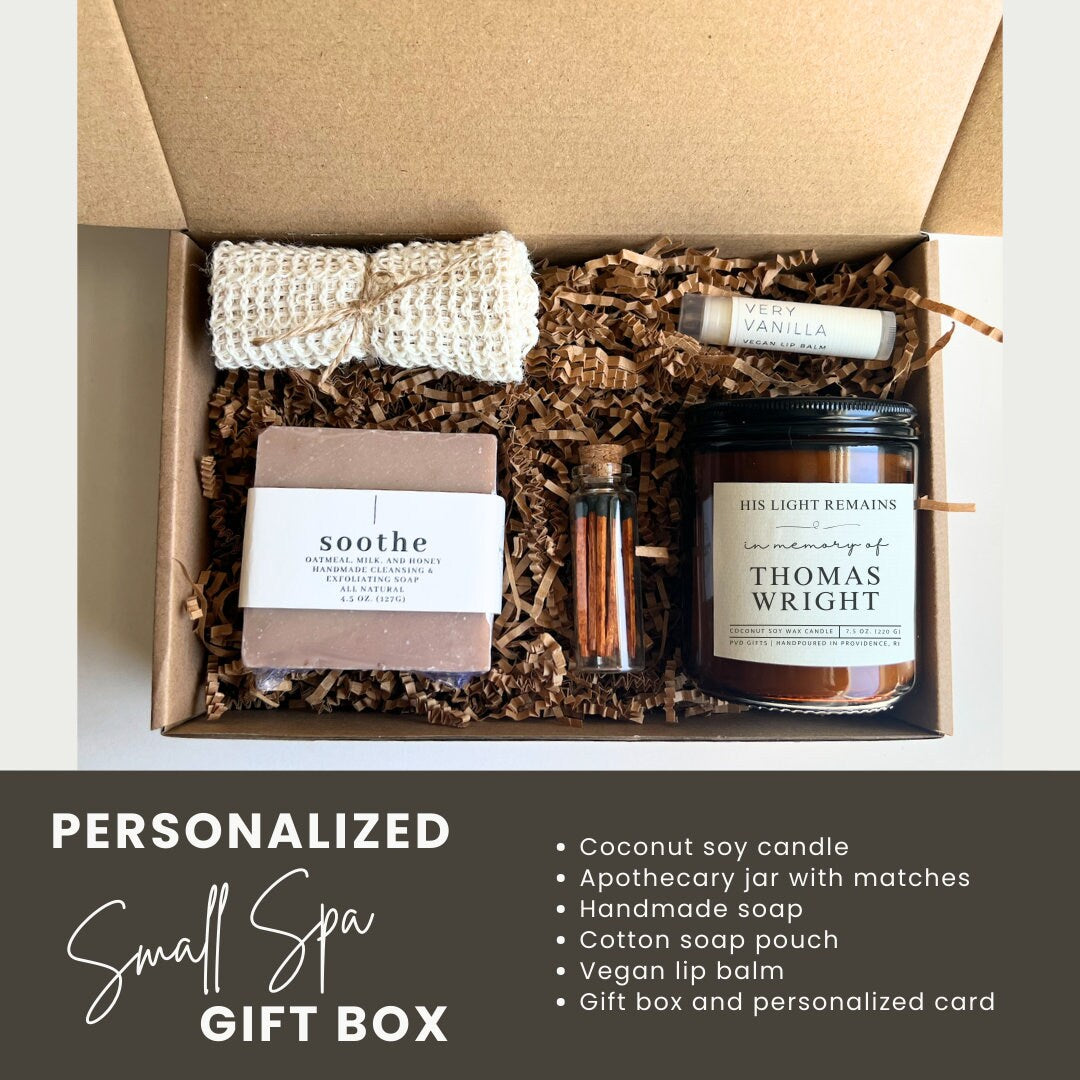 Personalized grief care package with memorial candle, gift for loss of father or loss of mother, care package for her or him