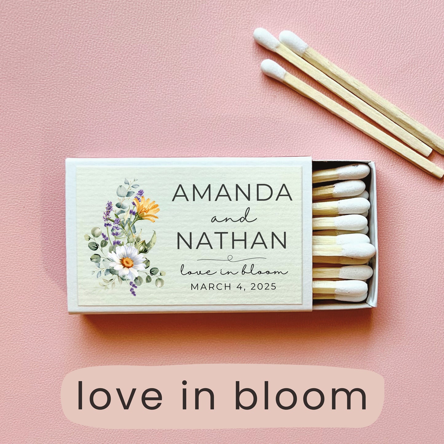 Wildflower Wedding Matches Customized, Garden Party Theme Wedding, Wildflower Bridal Shower Love is in Bloom Let Love Glow