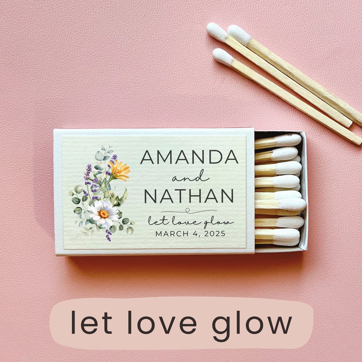 Wildflower Wedding Matches Customized, Garden Party Theme Wedding, Wildflower Bridal Shower Love is in Bloom Let Love Glow